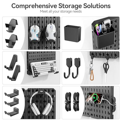 KDD Keyboard and Mouse Display Stand Holder, Wall Mount Office Organization Pegboard Combination Kit with Pen holder, Hooks, Headset & Controller Stand for Office & Home Hanging Organizer Storage