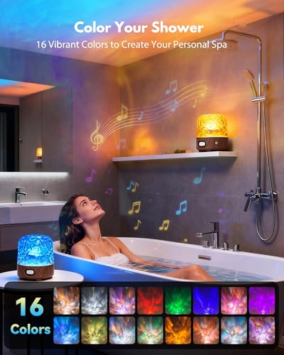 Shower Light with Bluetooth Speaker, Waterproof Shower Lamp with White Noise, 16 Colors Ocean Wave Projector Light with Remote & Touch Control, Music Lamps for Shower Bathroom Bathtub (Walnut Grain) - color: Walnut Grain