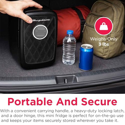 Frigidaire Mini Portable Compact Personal Fridge Cooler, 4 Liter Capacity Chills Six 12 oz Cans, Includes Plugs for Home Outlet & 12V Car Charger - BLACK, BUILT IN BLUETOOTH SPEAKER - color: Black