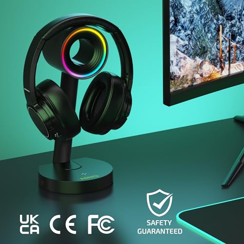 MINQ RGB Ring Shape Headphones Stand for Desk - Wireless Phone Charger Stand - Gamer Headset Stand, Airpod Max Stand - USB, USB C Charging & Aux - Perfect Gaming Accessories - Black
