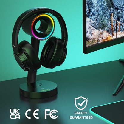 MINQ RGB Ring Shape Headphones Stand for Desk - Wireless Phone Charger Stand - Gamer Headset Stand, Airpod Max Stand - USB, USB C Charging & Aux - Perfect Gaming Accessories - Black
