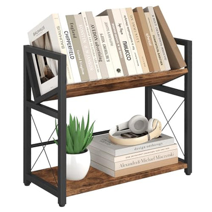 ELITEROO Desktop Bookshelf, 2 Tier Desk Shelf Organizer, Wooden Tabletop Bookcase, Small Desk Top Book Rack for Office, Home, Bedroom, Small Space Storage and Display, Rustic Brown - color: Rustic Brown