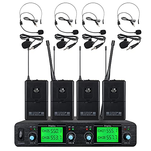 Wireless Microphone System Lavalier Mic 4 Channel 4 Headset 4 Lapel Mic 4 Bodypacks Dynamic Mics UHF for Conference Meeting Speech Karaoke Party Wedding Church