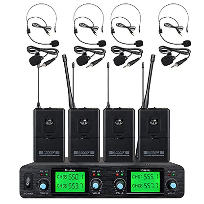Wireless Microphone System Lavalier Mic 4 Channel 4 Headset 4 Lapel Mic 4 Bodypacks Dynamic Mics UHF for Conference Meeting Speech Karaoke Party Wedding Church