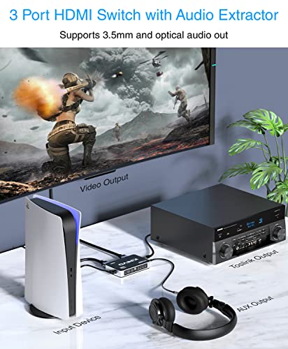 Kinivo HDMI Switch with Audio Extractor 360BNT (3 in one out, Toslink Optical Audio Port, SPDIF, 4K 60Hz, High Speed 18Gbps, IR Remote) - Compatible with Roku, PS5, Xbox, Apple TV, Dolby Digital/Atmos - size: 4K - 3 Port with Toslink