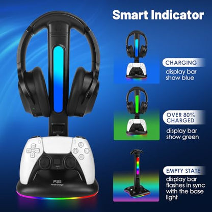 PS5 Controller Charger with RGB Headphone Stand, PS5 Controller Charging Station with 2 USB Port, Headset and Controllers Stand Holder for PlayStation 5, Gaming Gifts for Gamers Men - size: Dual Charger for PS5