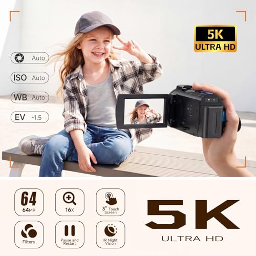 5K Video Camera Camcorder, 64MP UHD Vlogging Camera for YouTube with 16X Zoom, IR Night Vision, 3.0" Touch Screen, Stabilizer, Mic, 2 Batteries+32GB Card, Gift for Dad