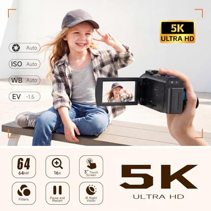 5K Video Camera Camcorder, 64MP UHD Vlogging Camera for YouTube with 16X Zoom, IR Night Vision, 3.0" Touch Screen, Stabilizer, Mic, 2 Batteries+32GB Card, Gift for Dad