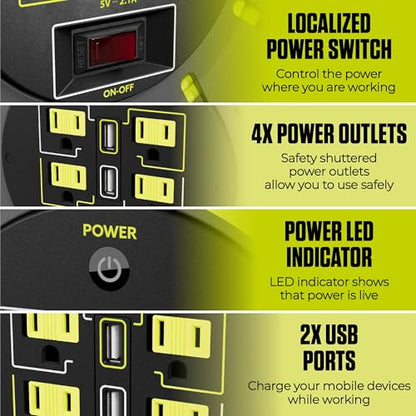 Masterplug 50ft Cord Reel, Retractable Extension Lead with Winding Handle, Safety Overload Circuit Breaker and Power Switch, 4X Grounded Outlets, 2X USB Ports, 13amps, 14AWG Cable - size: 50ft, style: 14 AWG