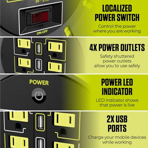 Masterplug 75ft Cord Reel, Retractable Extension Lead with Winding Handle, Safety Overload Circuit Breaker and Power Switch, 4x Grounded Outlets, 2x USB Ports, 13amps, 14AWG Cable - size: 75ft, style: 14 AWG