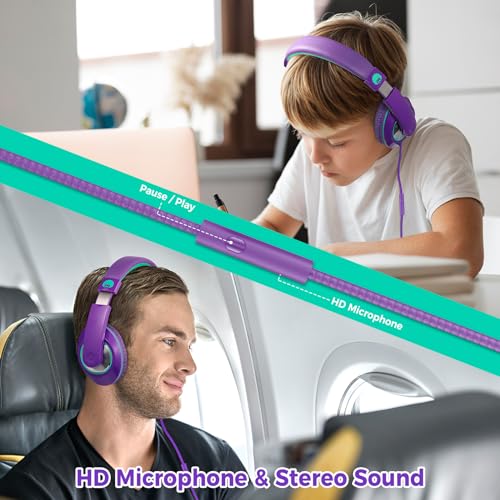 rockpapa Comfort+ Kids Headphones with Microphone, Boys Girls Student Over-Ear Headphones Wired Foldable for School Classroom Laptop PC Computer Tablet Purple Green - color: Purple/Teal