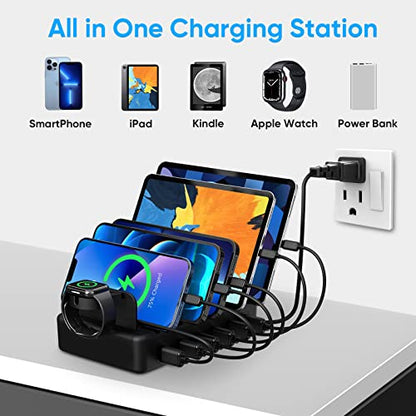 여러 장치용 충전 스테이션, 50W 6 포트 USB 충전기 스테이션 | 애플 워치 홀더 및 케이블 6개, 아이패드 휴대폰 킨들 태블릿 및 기타 전자제품용, USB-A to USB-C 어댑터 컨버터 1개 - color: 블랙.