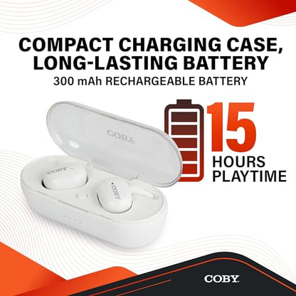 Coby TruFit Lightweight True Wireless Earbuds with Charging Case - Bluetooth 5.3 Music Controls, Call Functions, 16 Hour Battery Life for iPhone 13/12 / 11 / SE/X / 8/7 and Android (White) - color: White, size: 1