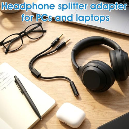 2PCS Headphone Mic Splitter, 3.5mm TRRS Female to Dual Male TRS Adapter