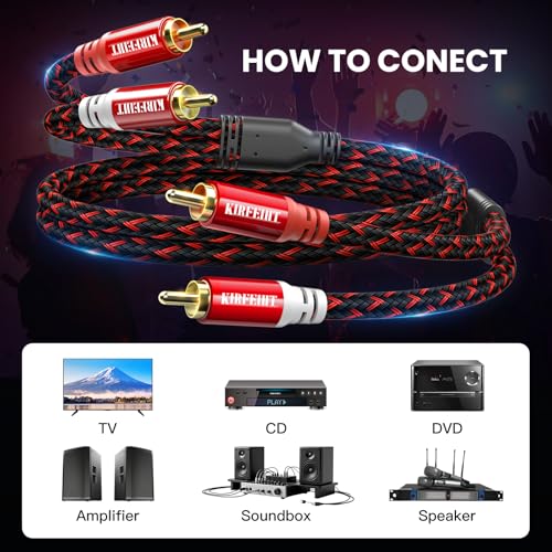 KIRFEIHT RCA Cables - 2RCA to 2RCA Subwoofer Cable OFC Core Gold-Plated Plug Nylon Braided Car Audio Cable for Hi-Fi Systems, Home Theater, HDTV, Amplifiers, Speakers 20FT - Red & Black - size: 20FT, style: 2RCA TO 2RCA