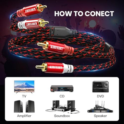 KIRFEIHT RCA Cables - 2RCA to 2RCA Subwoofer Cable OFC Core Gold-Plated Plug Nylon Braided Car Audio Cable for Hi-Fi Systems, Home Theater, HDTV, Amplifiers, Speakers 6FT - Red & Black - size: 6FT, style: 2RCA TO 2RCA