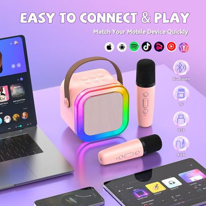 Mini Karaoke Machine for Kids Girls Boys - Birthday Gifts for Ages 4 5 6 7 8+ Year Old - Portable Bluetooth Speaker with 2 Wireless Microphone - Kids' Instrument Accessories - Pink - style: Pink