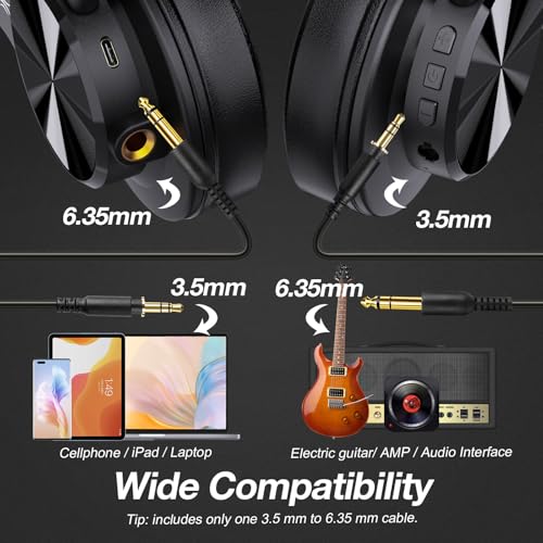 OneOdio A70 Bluetooth Over-Ear Headphones, Hi-Res Wired DJ Studio - Red | Wireless over-ear headphones with 72H playtime, 3.5mm/6.35mm wired jacks for studio monitoring, mixing, guitar, amp and PC - color: Red