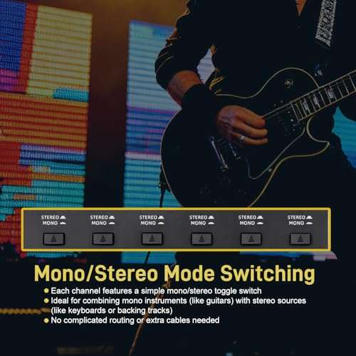 Mini 6-Channel Audio Mixer with 6 input 6.35mm&3.5mm Jack, Stereo Line Mixer for Sub-Mixing, Multi-Input (Mic/Guitar/Keyboard/Bass), Powered by 5V DC