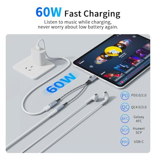 2 in-2 Lightning USBC to 3.5mm Headphone and Charger Adapter, [MFi Certified] USB C to Aux Audio Jack with PD 60W Fast Charging Dongle, Headphone Adapter for iPhone 16/15 14/13, Galaxy, Pixel (Blue)