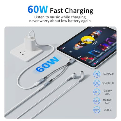 2 in-2 Lightning USBC to 3.5mm Headphone and Charger Adapter, [MFi Certified] USB C to Aux Audio Jack with PD 60W Fast Charging Dongle, Headphone Adapter for iPhone 16/15 14/13, Galaxy, Pixel (Blue)