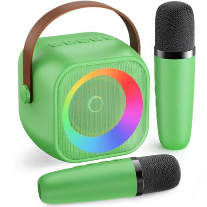 Mini Karaoke Machine：Portable Bluetooth Karaoke Microphone, Singing Speaker with 2 Wireless Mic and Light Kids Adults, Christmas Birthday Gifts for Girls Boys Family Home Party(Green) - color: Green