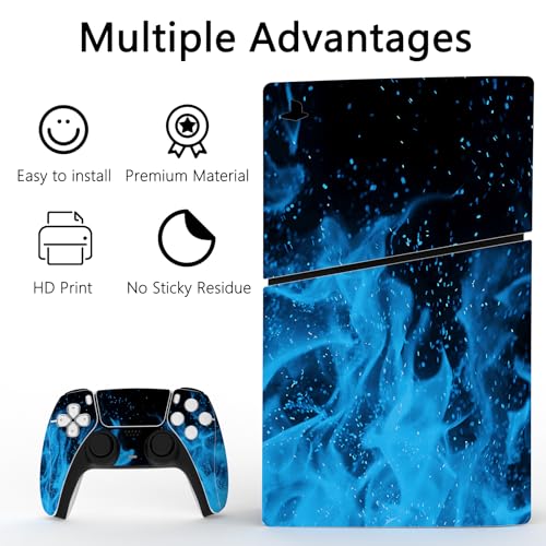 PlayVital Full Set Skin Sticker for ps5 Slim Console Disc Edition (The New Smaller Design), Vinyl Skin Decal Cover for ps5 Controller & Headset & Charging Station & Media Remote - Blue Flame - color: Blue Flame