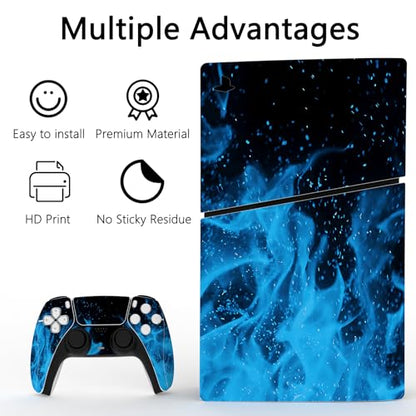 PlayVital Full Set Skin Sticker for ps5 Slim Console Disc Edition (The New Smaller Design), Vinyl Skin Decal Cover for ps5 Controller & Headset & Charging Station & Media Remote - Blue Flame - color: Blue Flame