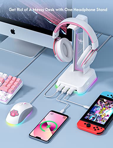 PHNIXGAM RGB Headphone Stand with 3.5mm AUX and 3 Port USB 2.0 Hub, White