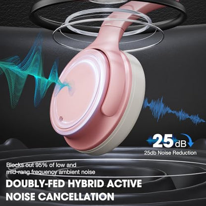 INFURTURE H1 Plus Doubly Fed Hybrid Active Noise Cancelling Headphones with EQ Mode，Wireless Over Ear Bluetooth Headphones with 4 Microphone, 90H Playtime,Lightweight for Home Travel Office(Pink) - color: Pink