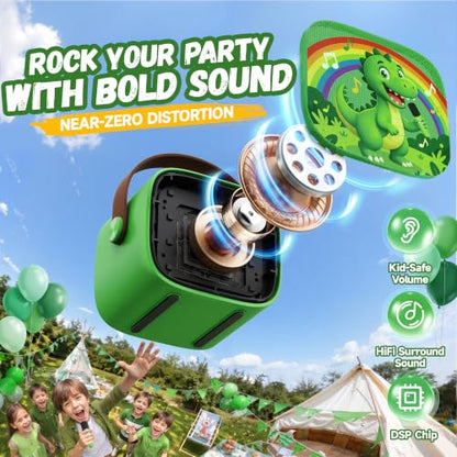 YLL Karaoke Machine for Kids, Portable Mini Speaker with 2 Wireless Microphones, Kids Toy Gifts for Boys Ages 3, 4, 5, 6, 7, 8, 9, 10+ Years Old, 4-12th Birthday Singing Home Family Party - color: Olive-Dinosaur