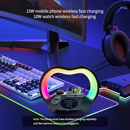 AYI Wireless Charging Station with Bluetooth Speaker Alarm Clock Fast Charger for Phone, Apple Watch, Earbuds, Temperature Time Display, 7-Color LED Night Lights Remote Control-Black - color: 7IN1 Alarm Clock Wireless Charger ZS932 Black