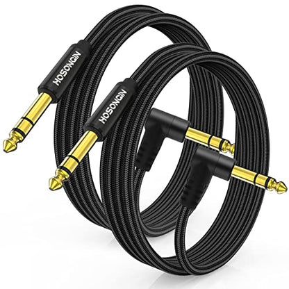 HOSONGIN 1/4 Inch TRS Instrument Cable 3.3 feet 2-Pack, Straight-to-Right Angle 6.35mm Male Stereo Audio Cord, Balanced Interconnect Line for Electric Guitar, Bass, Keyboard, Mixer, Amplifier, Speaker - size: 3.3 Feet, style: 1/4" TRS Stereo Cable