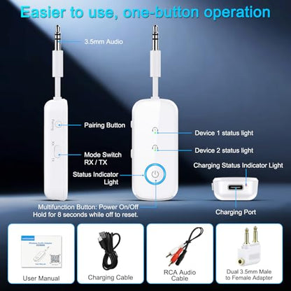 Premium Pro Bluetooth 5.4 Transmitter Receiver,Airplane Audio Adapter,Wireless Transmitter for TV/Travel Flight,Airline,Gym.Compatible with 2 AirPods/Headphones,Bluetooth Receiver for Car/Home Stereo - color: White