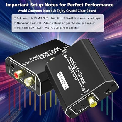 Analog to Digital Audio Converter, RCA to Optical Converter, RCA/3.5MM to Toslink and Coaxial Adapter, 48kHz/24bit PCM LPCM Stereo ADC for PS5/PS4/DVD/TV/CD/Game Console/Soundbar/Headphone