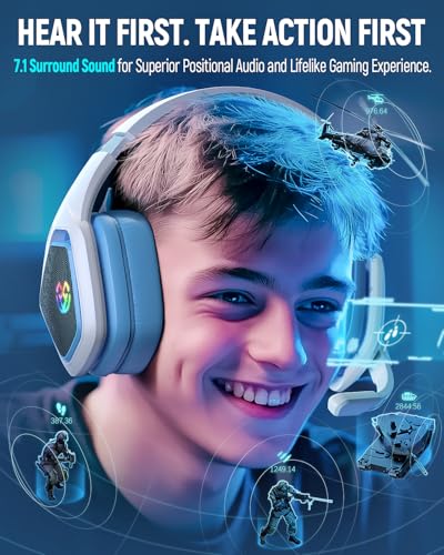 Tatybo Wireless Gaming Headset with Mic, 7.1 Sound 50mm Driver, Blue White | FPS & RPG Audio, 2.4G/BT 5.3/USB-C, 30H battery, Low latency for PS5/PS4/PC/Switch/Laptop/Mobile - color: Blue White
