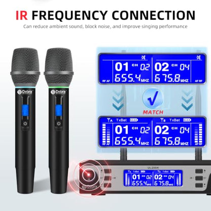 Debra Wireless Microphone System, UHF Dual Handheld Metal Mics with LCD Screen, 262ft Long Range, Cardioid Dynamic Mic for Clear Vocal, XLR/6.35mm Output for Karaoke, Party, Church, Live Performance