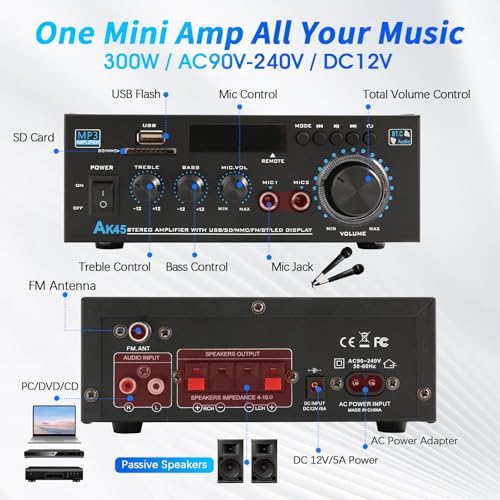 KG AK45 Home Audio Amplifier Receiver — Dual-Channel (Max 300W×2 / RMS 20Wx 2) Stereo Amplifier, Bluetooth 5.0 Speaker Amp, Supports FM Radio/USB/SD Card Playback, Includes Remote Control - size: 600W 2-Channel