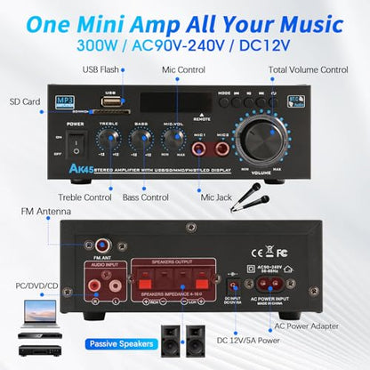 KG AK45 Home Audio Amplifier Receiver — Dual-Channel (Max 300W×2 / RMS 20Wx 2) Stereo Amplifier, Bluetooth 5.0 Speaker Amp, Supports FM Radio/USB/SD Card Playback, Includes Remote Control - size: 600W 2-Channel