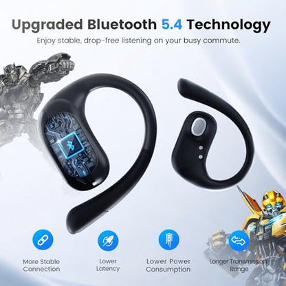 Transformers Open Ear Wireless Headphones Bluetooth 5.4 for Running & Workouts, Over The Ear Earbuds with IPX5 Waterproof Ear Hooks, Surround Sound, LED Display & Lanyard (Black - Optimus Primal) - color: Black