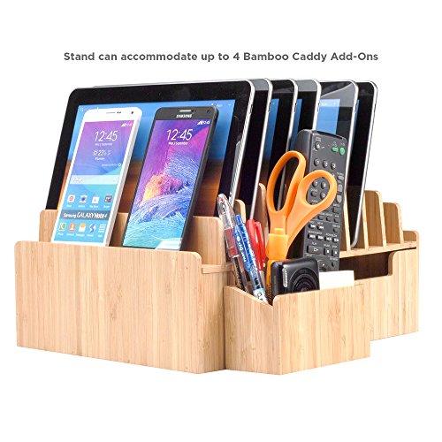 MobileVision Bamboo 10-Port Charging Station Plus 2 Caddy Add-On Combo to hold pens keys and extra storage - color: Stand + 2 Caddy Adapters