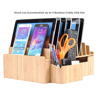 MobileVision Bamboo 10-Port Charging Station Plus 2 Caddy Add-On Combo to hold pens keys and extra storage - color: Stand + 2 Caddy Adapters