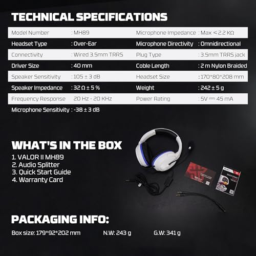 FANTECH Valor II MH89 Wired Gaming Headset with 40mm Drivers, Noise Cancelling Mic, 3.5mm Jack for PC, PS5, PS4, Xbox, Nintendo Switch, Mobile - Over-Ear Headphones with Foldable Microphone (Black)