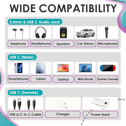 2 Pcs 3 In 1 USB C Aux Splitter Adapter, Type C To 3.5mm Charging Converter | Simultaneous Audio Playback And Fast Charging, Compatible With IPhone, Samsung, Huawei Mate, Stable Sound Transmission