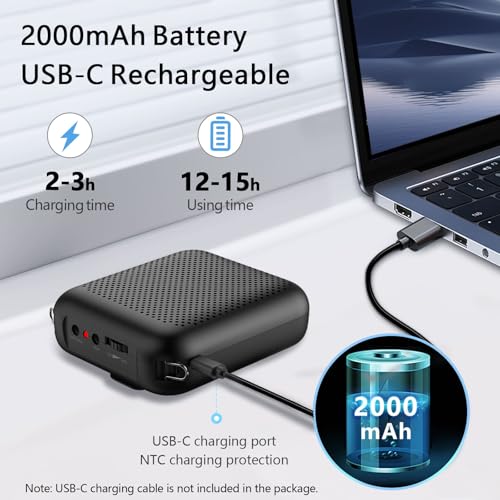 Bluetooth Voice Amplifier for Teacher with Wired Microphone Headset | ①10W Power Amplifiers②2000mAh Battery③15 Hours Working Time④USB-C Rechargeable⑤Adjustable Mic for Loudspeaker ⑥Anti-Howling - color: Black-2000mAh