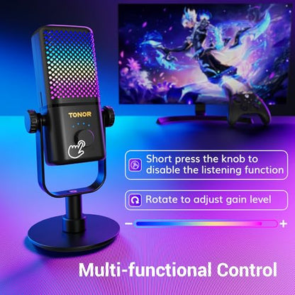 TONOR Gaming Microphone Compatible with Xbox, RGB Condenser Streaming Mic, Low Noise, Gain Control, One Tap Mute, Compatible with Capture Card, 200 cm/78inch Cable, Desktop Stand, Black TCX3 - color: Black, style: Microphone