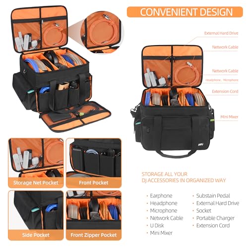 Multi-Pocket DJ Equipment Bag, Black Storage Messenger Bag with Mesh Compartments, Adjustable Strap for Events and Travel