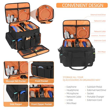 Multi-Pocket DJ Equipment Bag, Black Storage Messenger Bag with Mesh Compartments, Adjustable Strap for Events and Travel