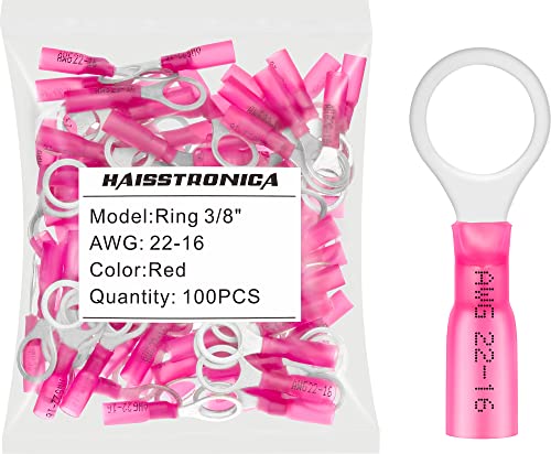 haisstronica 100PCS Heat Shrink Ring Terminals, 22-16 AWG, 3/8 in, Red | Battery and Ground Stud Connections, 0.7 mm Copper Barrel, 3:1 Adhesive-Lined Seal, Automotive Wiring Repairs, Ring Connector - color: Red, size: Ring 3/8"