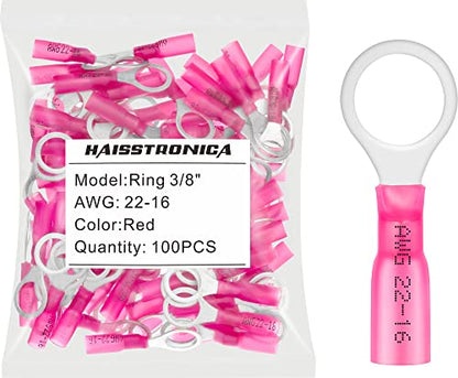 haisstronica 100PCS Heat Shrink Ring Terminals, 22-16 AWG, 3/8 in, Red | Battery and Ground Stud Connections, 0.7 mm Copper Barrel, 3:1 Adhesive-Lined Seal, Automotive Wiring Repairs, Ring Connector - color: Red, size: Ring 3/8"